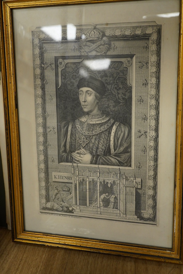 A collection of 18th century and later engravings and prints to include after George Virtue, portrait of King Henry VI of England, after John Boydell, Ratcliff library Oxford and a set of 19th century topographical engra